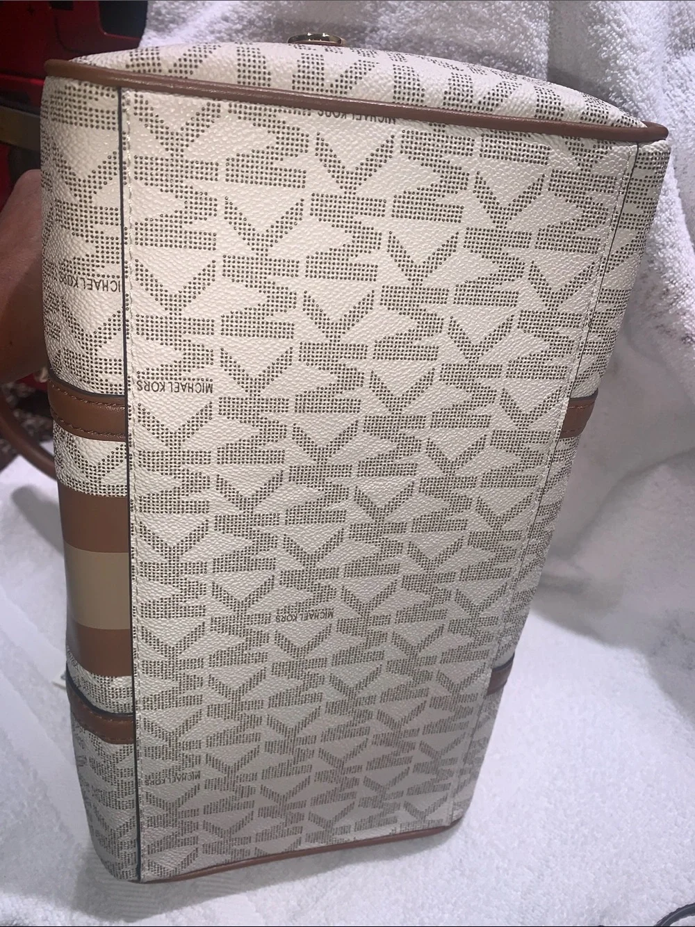 Michael Kors Brown and Cream MK Signature Satchel with Stripe
